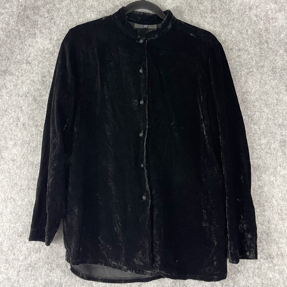 Vintage Gap Silk Blend Top Womens M Black Crushed Velvet Knot Button Hong Kong - Picture 1 of 16